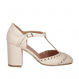 Woman's open T-strap shoe in nude leather and black leather heel 8 - Available sizes:  42