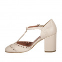 Woman's open T-strap shoe in nude leather and black leather heel 8 - Available sizes:  42, 44