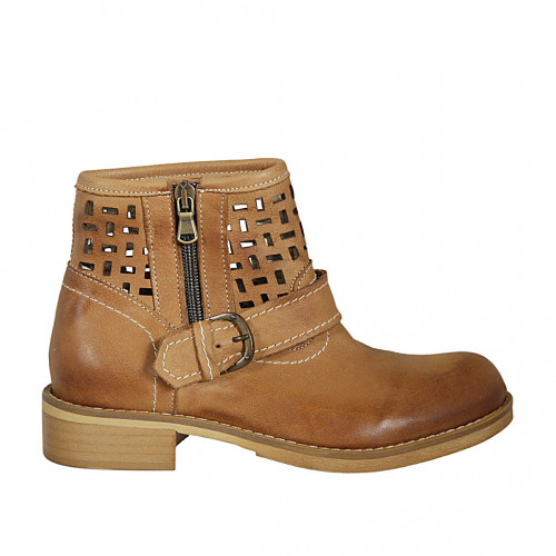 Woman's ankle boot with buckle and zipper in tan brown leather and pierced leather heel 3 - Available sizes:  42