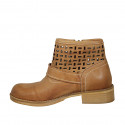 Woman's ankle boot with buckle and zipper in tan brown leather and pierced leather heel 3 - Available sizes:  42