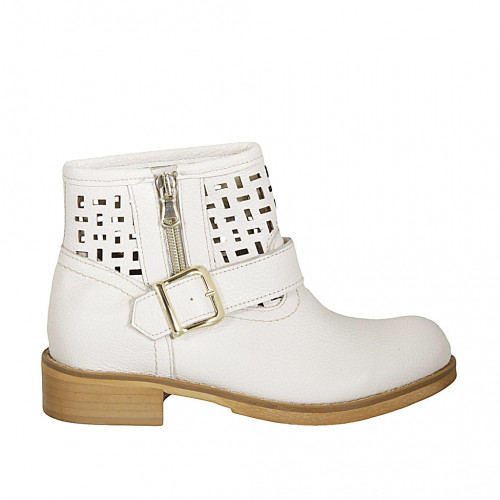 Woman's ankle boot with buckle and zipper in white leather and pierced leather heel 3 - Available sizes:  33, 42, 43, 45