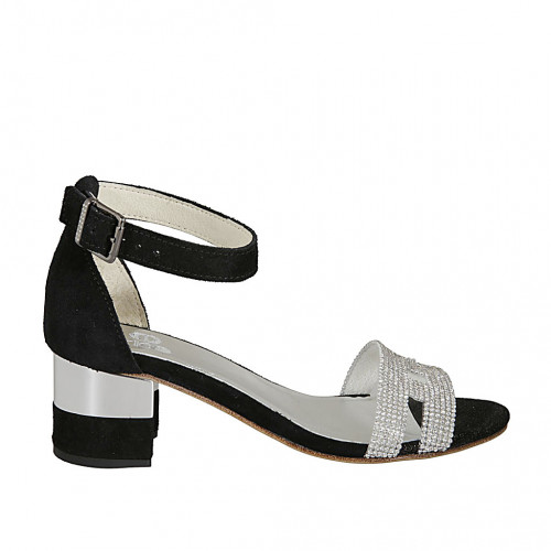 Chaussure ouverte pour femmes avec courroie en daim noir et strass argent talon 5 - Pointures disponibles:  42
