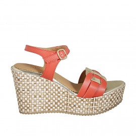 Woman's strap sandal in red and platinum leather with platform and braided wedge heel 9 - Available sizes:  43, 44