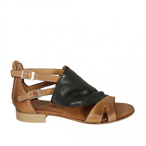 Woman's open shoe with zipper and buckles in tan brown leather and black pierced leather heel 2 - Available sizes:  33