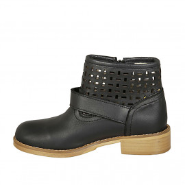 Woman's ankle boot with buckle and zipper in black leather and pierced leather heel 3 - Available sizes:  42 2