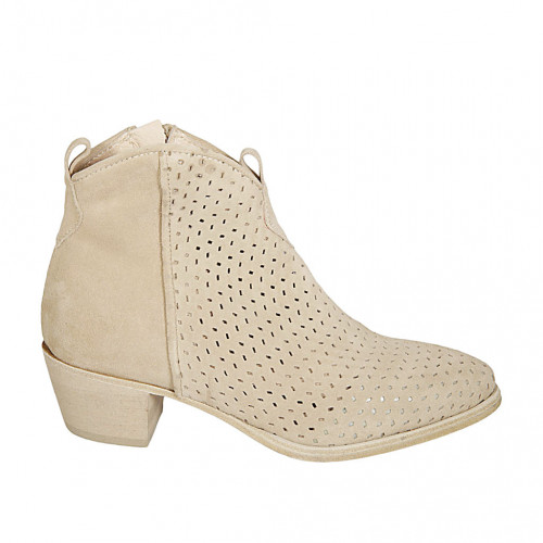 Botines tejanos para mujer con cremallera en gamuza y gamuza perforada beis  tacon 5