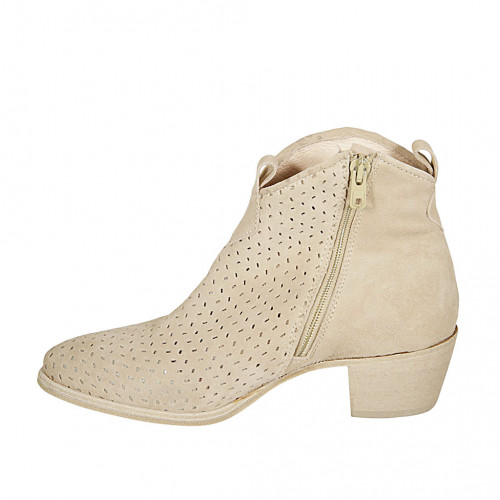 Botines tejanos para mujer con cremallera en gamuza y gamuza perforada beis  tacon 5