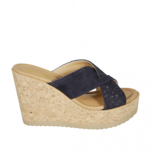 Woman's mules in blue suede and printed suede with platform and wedge heel 9 - Available sizes:  42
