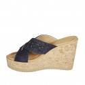 Woman's mules in blue suede and printed suede with platform and wedge heel 9 - Available sizes:  42