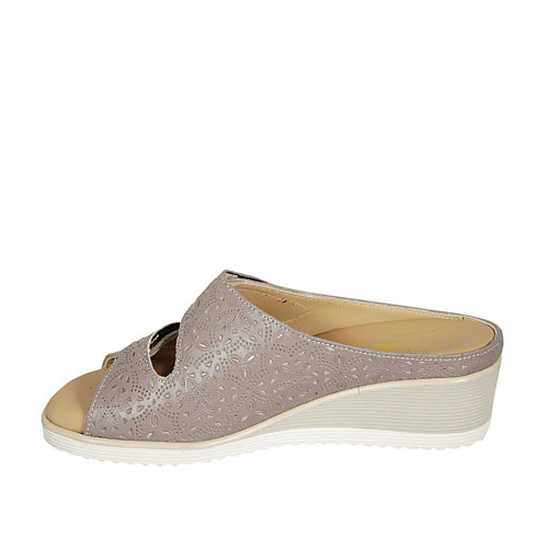 Woman's mules in dove grey suede and leather with removable insole and  velcro wedge heel 4