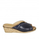 Woman's mules in dark blue patent leather, printed patent leather and fabric wedge heel 4 - Available sizes:  31, 42
