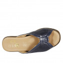 Woman's mules in dark blue patent leather, printed patent leather and fabric wedge heel 4 - Available sizes:  31, 42