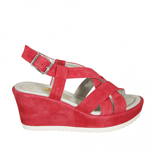 Woman's sandal in red suede with platform wedge heel 7 - Available sizes:  43