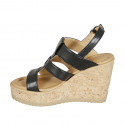 Woman's sandal in black leather with platform and wedge heel 9 - Available sizes:  45