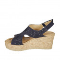 Woman's sandal with velcro strap in blue pierced suede wedge heel 7 - Available sizes:  44, 45