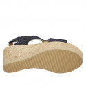 Woman's sandal with velcro strap in blue pierced suede wedge heel 7 - Available sizes:  44, 45