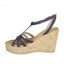 Woman's strap sandal in blue suede wedge heel 9 - Available sizes:  42, 43, 44