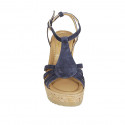 Woman's strap sandal in blue suede wedge heel 9 - Available sizes:  42, 43, 44