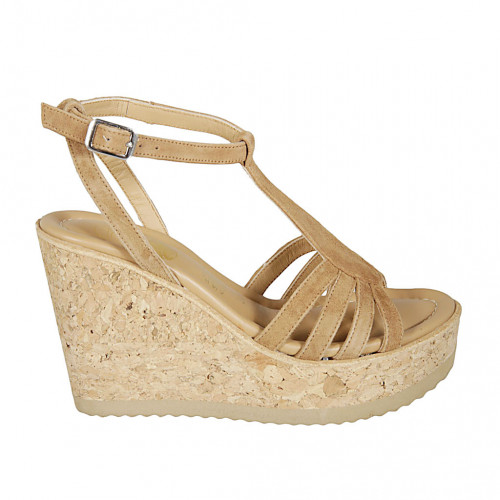 Woman's strap sandal in beige suede wedge heel 9 - Available sizes:  42