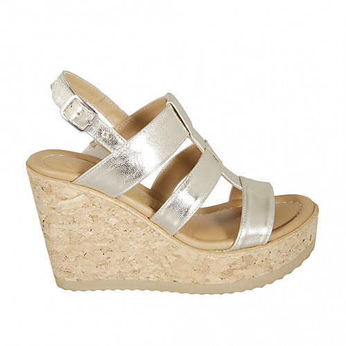 Woman's sandal in platinum laminated leather with platform and wedge heel 9 - Available sizes:  42, 43