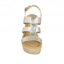 Woman's sandal in platinum laminated leather with platform and wedge heel 9 - Available sizes:  42