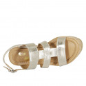 Woman's sandal in platinum laminated leather with platform and wedge heel 9 - Available sizes:  42