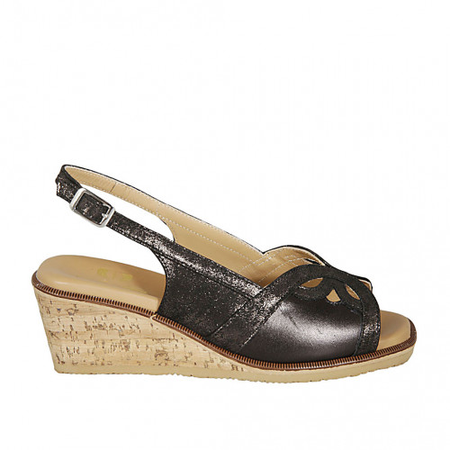 Woman's sandal in black laminated printed leather wedge heel 5 - Available sizes:  42