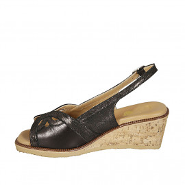 Woman's sandal in black laminated printed leather wedge heel 5 - Available sizes:  42 2