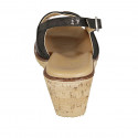 Woman's sandal in black laminated printed leather wedge heel 5 - Available sizes:  42