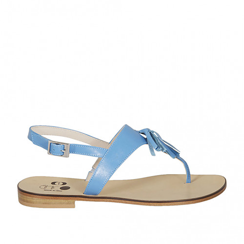 Woman's thong sandal in light blue leather with tassels heel 1 - Available sizes:  42, 43, 44, 46