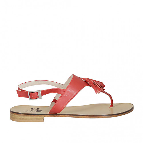Woman's thong sandal in red leather with tassels heel 1 - Available sizes:  42, 43