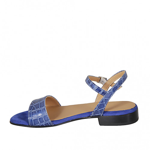 Damensandale aus blauem gedrucktem Leder mit Riem Absatz 2