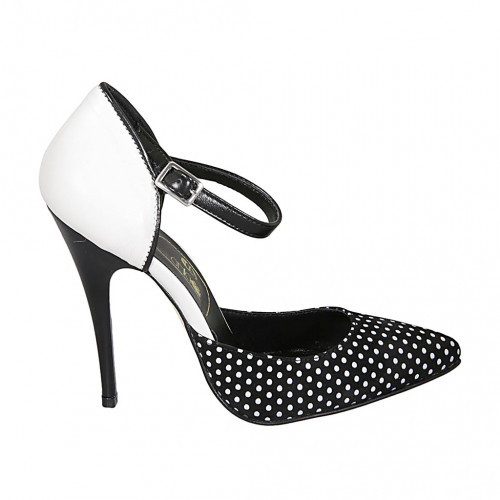 Zapato abierto a punta para mujer con cinturon en piel blanca y gamuza negra de lunares tacon 11 - Tallas disponibles:  42, 43