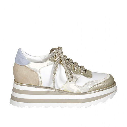 Woman's laced shoe with zippers in white and platinum leather and beige and light blue suede wedge heel 5 - Available sizes:  42