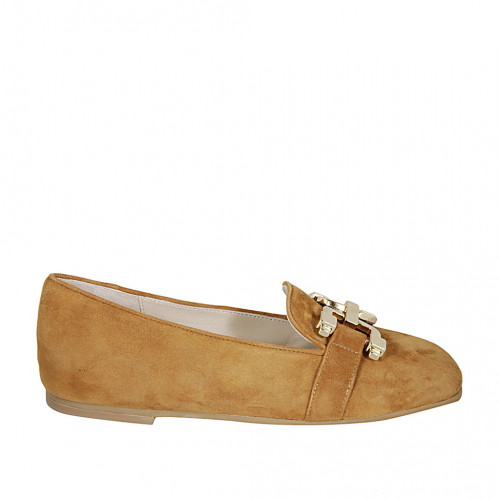 Woman's mocassin with accessory in tan brown suede heel 1 - Available sizes:  34, 42, 43, 44