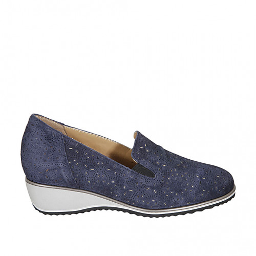 Woman's loafer with removable insole and elastic bands in blue pierced suede wedge heel 3 - Available sizes:  43