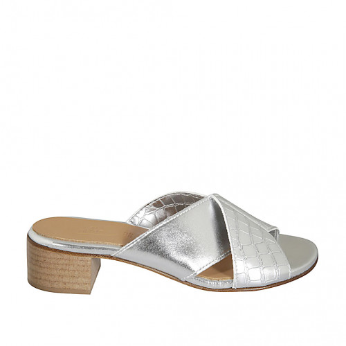 Woman's mules in silver laminated and printed leather heel 4 - Available sizes:  32, 43, 44