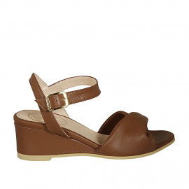 Woman's sandal with strap in brown leather wedge heel 5 - Available sizes:  42