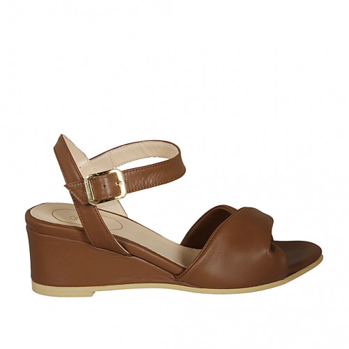 Woman's sandal with strap in brown leather wedge heel 5 - Available sizes:  42, 44