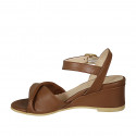 Woman's sandal with strap in brown leather wedge heel 5 - Available sizes:  42, 44