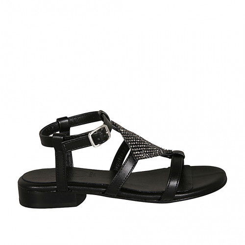 Sandale pour femmes en cuir noir avec strass et courroie talon 2 - Pointures disponibles:  33