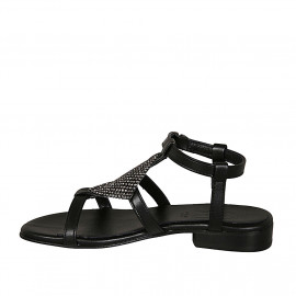 Woman's strap sandal in black leather with rhinestones heel 2 - Available sizes:  33 2