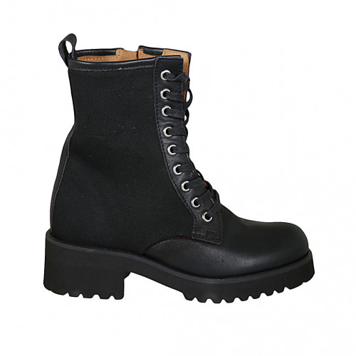 Botin con cremallera y cordones para mujer en tejido y piel negra tacon 4