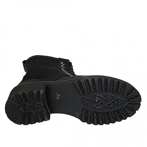 Botin con cremallera y cordones para mujer en tejido y piel negra tacon 4