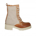 Woman's laced ankle boot with zipper in beige fabric and tan brown leather heel 4 - Available sizes:  42