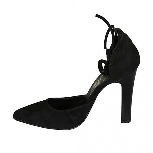 Scarpa aperta a punta da donna con lacci in camoscio nero tacco 10