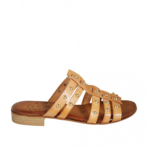 Woman's mules in tan brown leather with studs heel 2