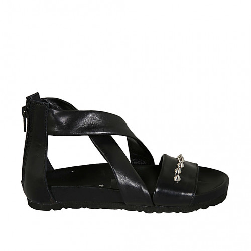 Woman's open shoe with zipper and studs in black leather wedge heel 2 - Available sizes:  42, 43