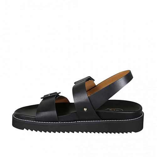 Sandalia para mujer con hebillas ajustables en piel negra cuña 3
