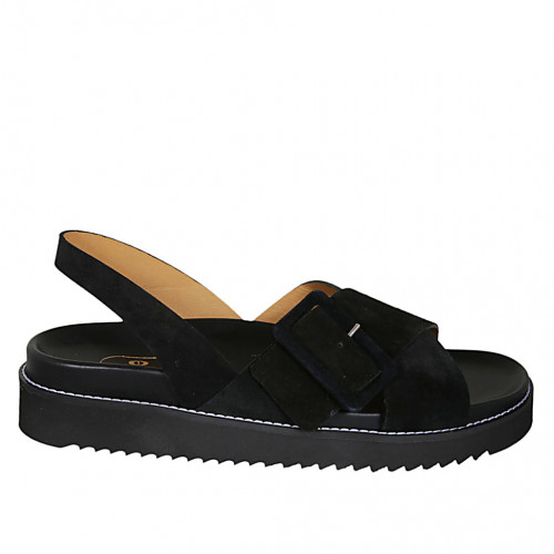 Sandale pour femmes en daim noir avec boucle et talon compensé 3 - Pointures disponibles:  42